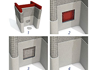 1. 需要维修的损坏部分 2. 去除防火涂层直至底漆，延伸切割网格上面涂层从而暴露出完好的网格 3. 涂刷第一涂层，安装新网格 4. 涂刷第二涂层和面漆